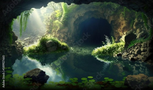 "Shallow Mountain Pond with Dream Leading to a Cave" (200 characters)