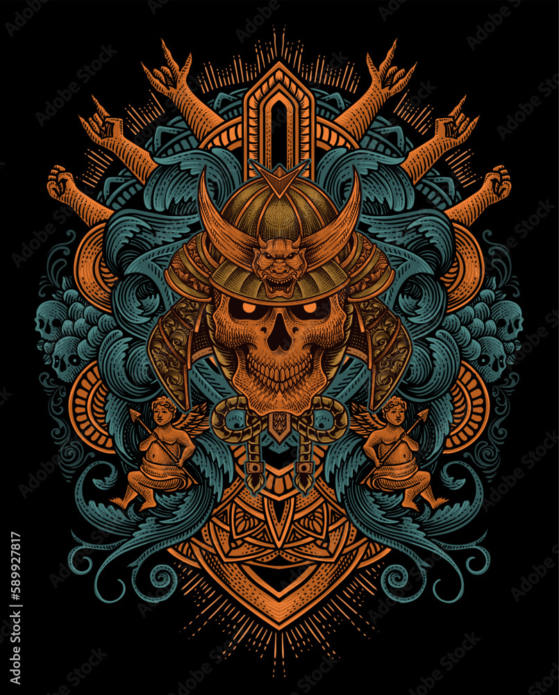 Fototapeta premium Vector illustration. scary samurai head skull with vintage engraving ornament style perfect for your business and T shirt merchandise