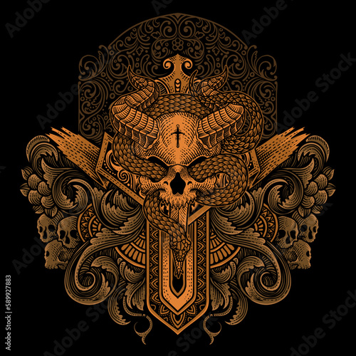 Vector illustration. demon skull with snake vintage engraving ornament style perfect for your business and T shirt merchandise
