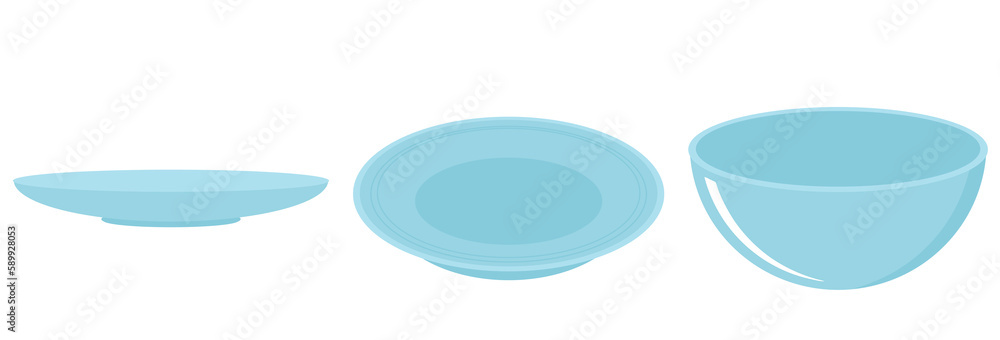 Empty plate and bowls isolated on white background vector illustration. - obrazy, fototapety, plakaty 