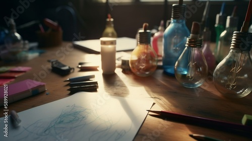 Sketch table with drawings and bulbs