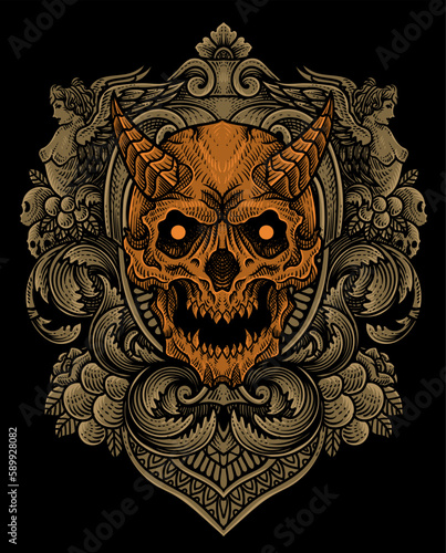Illustration of demon skull head with vintage engraving ornament in back perfect for your business and Merchandise