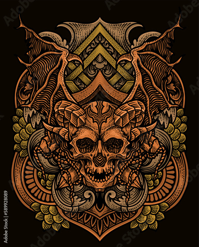 Illustration of demon skull head with vintage engraving ornament in back perfect for your business and Merchandise