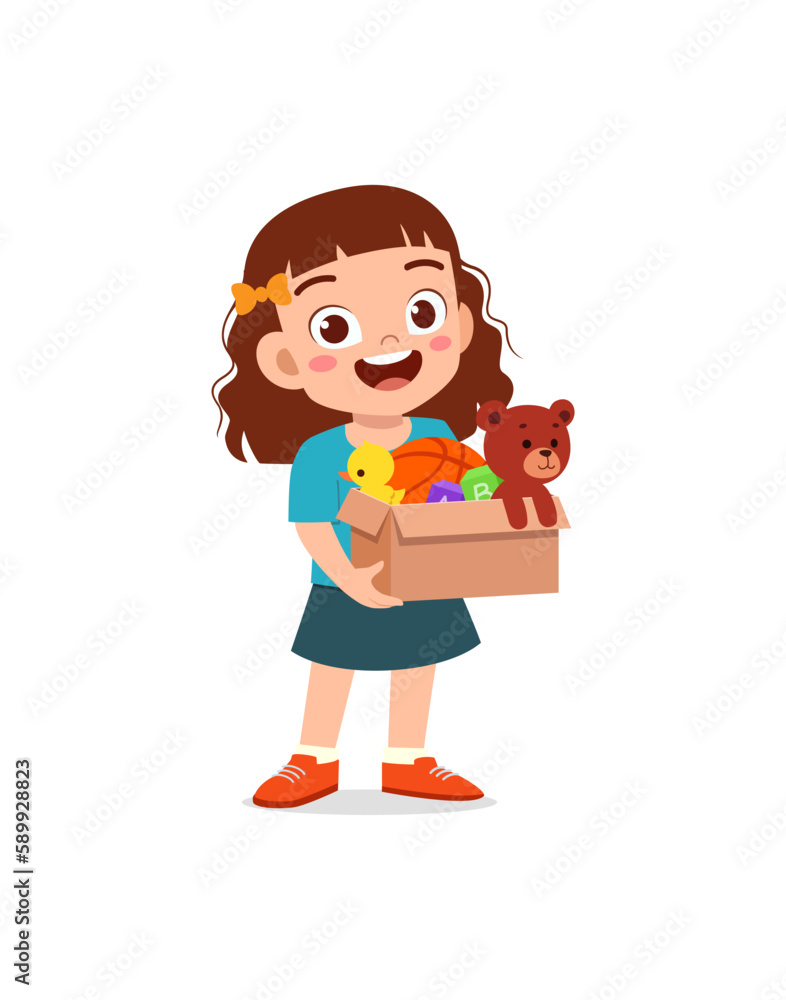 little kid standing and holding a box full of toys for donation little kid standing and holding a box full of toys for donation