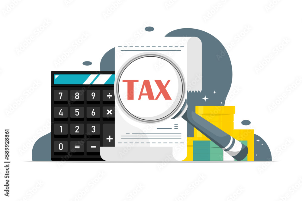 Tax receipt concept, Bill with magnifying glass, calculator, money on isolated background, Digital marketing illustration.