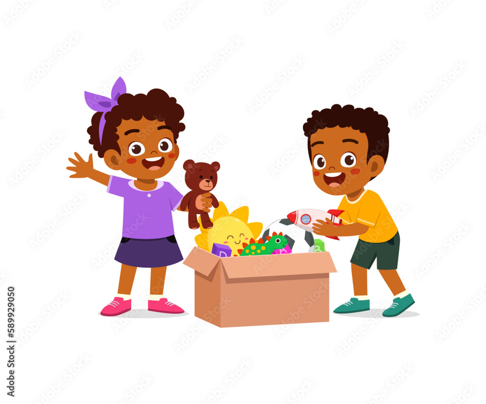 little kid put toys to box for donation with friend little kid put toys to box for donation with friend