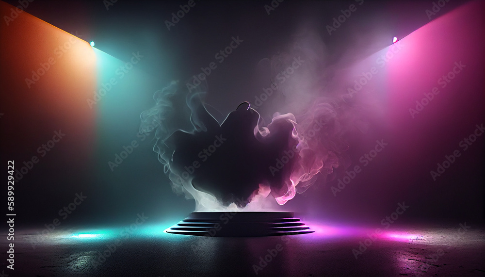 Fototapeta premium Neon empty stage with smoke and spot light. stage background Ai generated image