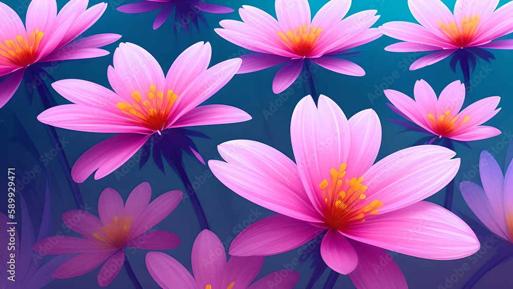 Pink flowers on a green field, generative AI Pink flowers on a green field, generative AI