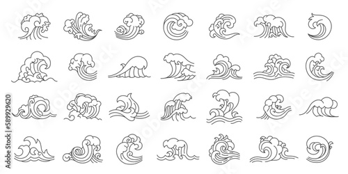 Japanese line waves icons. Oriental straight line wave pictograms  abstract linear water decorative ornamental elements. Vector traditional isolated collection