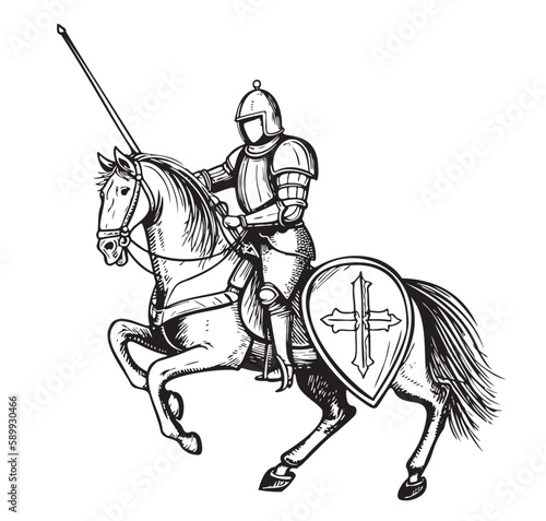 Knight on a horse hand drawn sketch in doodle style illustration