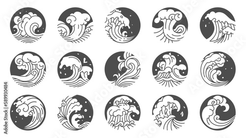 Japanese waves logo. Oriental traditional decorative wave pattern for sushi cafe and restaurant, abstract water ripple pattern. Vector isolated set