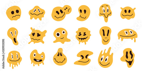 Distorted emoticons. Psychedelic abstract emoji characters with dripping, smile, frown and angry feelings, cute abstract emojis. Vector colorful set