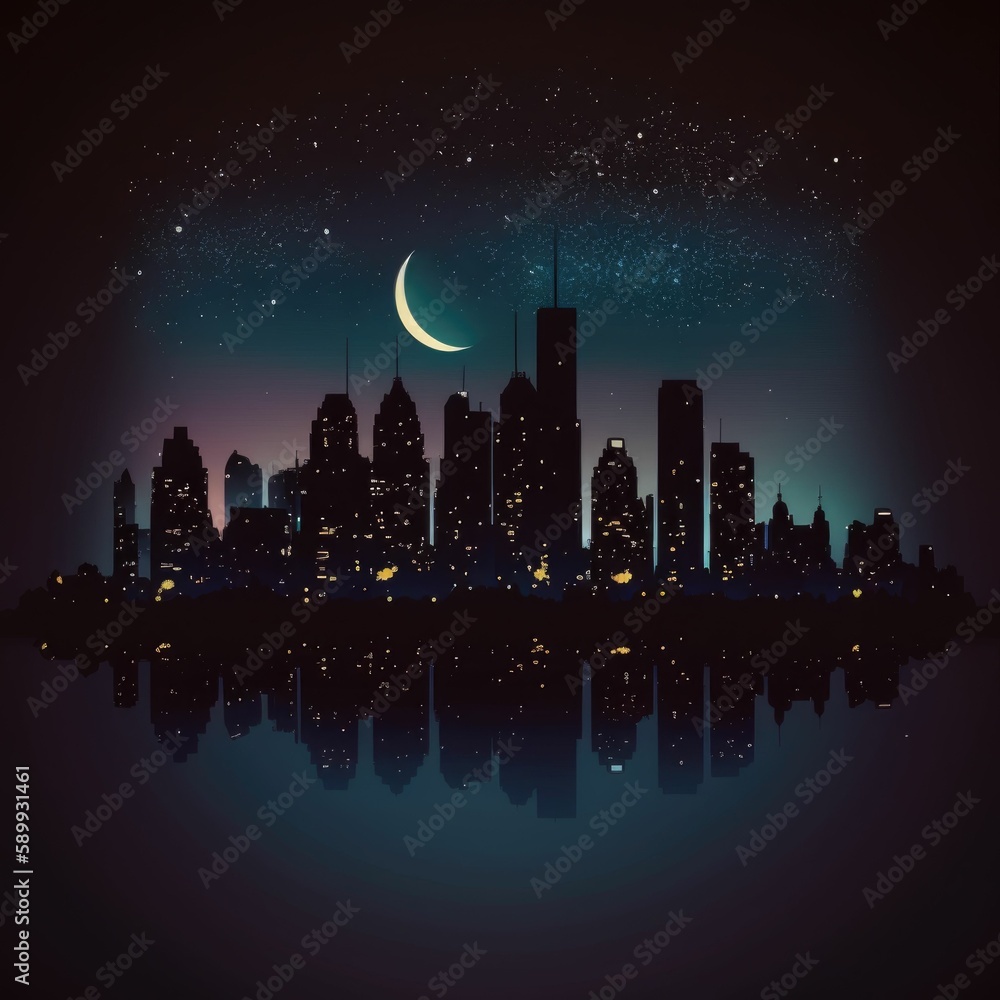 Silhouetted Cityscape: A Captivating Nighttime View of Urban Skyscrapers and Glowing Lights