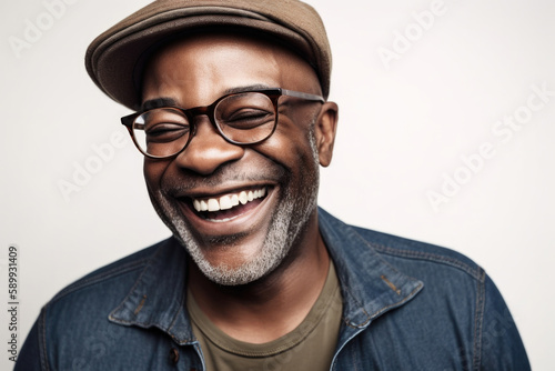 Portrait of mature black man laughing in studio. Generative AI.  photo