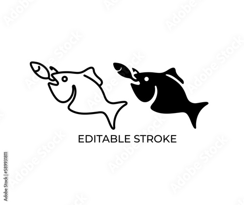 Fish grabs bait, fish, fishing, bait and crankbait, editable stroke, silhouette and linear design. Animal, nature, fisherman, angler, fish hook and catch, vector design and illustration