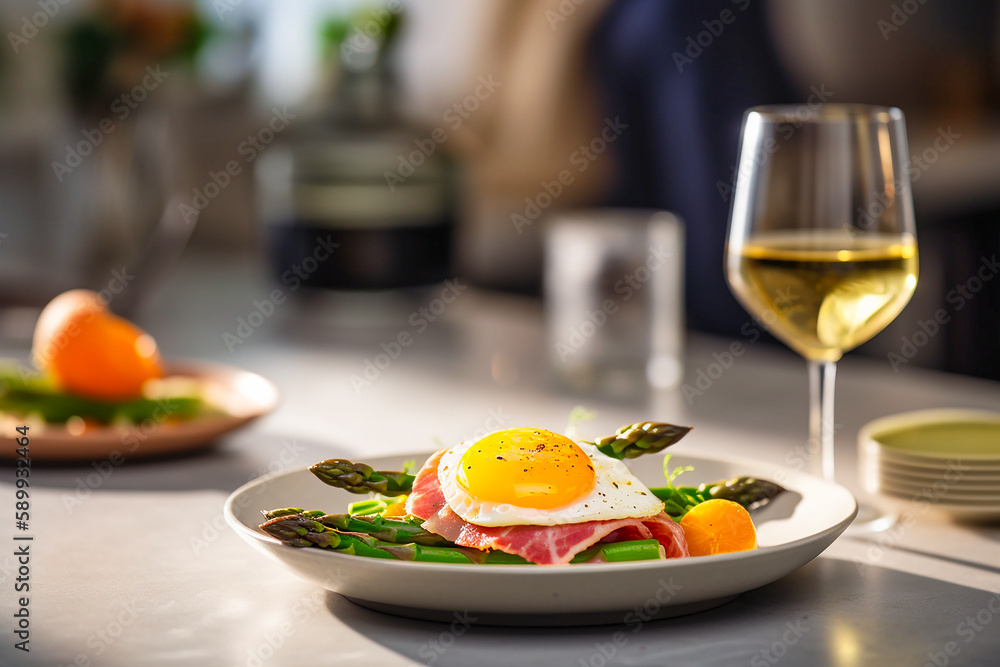 asparagus with fried egg and ham lying on a white plate next to a bottle of white wine. AI generativ asparagus with fried egg and ham lying on a white plate next to a bottle of white wine. AI generativ