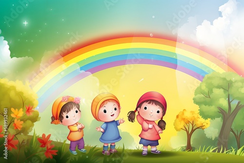 Cartoon scene with 3 cute children in the garden and rainbow