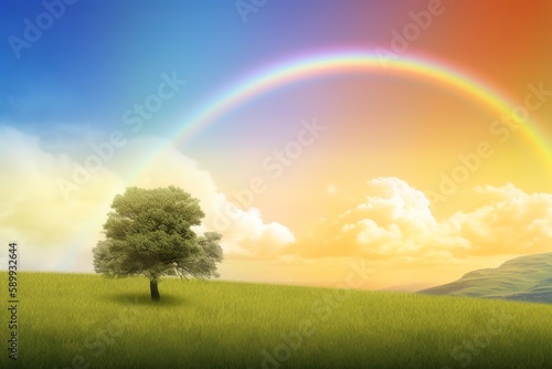 Nature scene background with rainbow in the sky backg