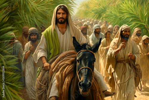 Jesus christ riding a donkey into jerusalem.Ai generativ. photo