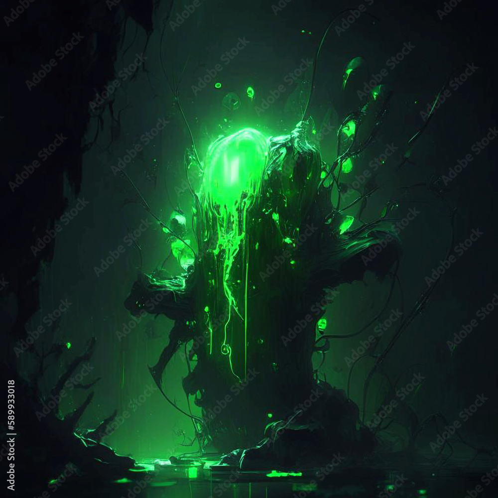 Obraz premium Green pillar column with alien green light, space world, another planet. Generative AI.