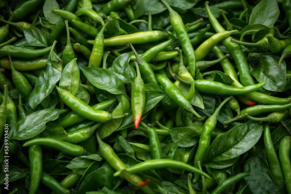 Fresh green hot chili pepper background. Generative AI Fresh green hot chili pepper background. Generative AI