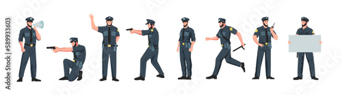 Policeman characters. Cartoon police officer in different poses, cartoon patrol cop and guard person in uniform doing security justice job. Vector set