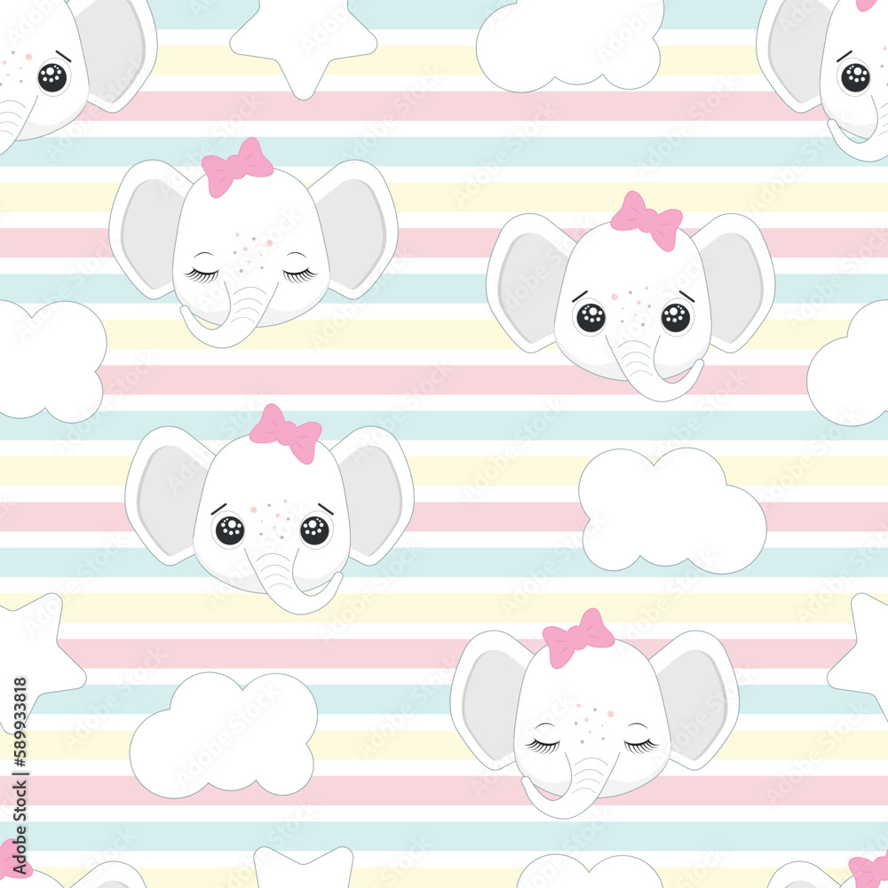 Seamless pattern of children's background with cartoon elephants.Perfect children's design, for fabric, wrapping, textile, wallpaper, clothes.