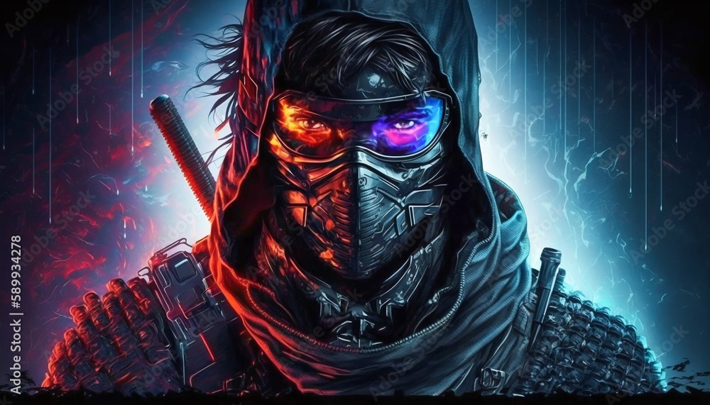Shadow warrior cyberpunk ninja. Generative AI Stock Illustration