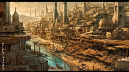 Ancient Greek-inspired Low Fantasy Cityscape in a Fantasypunk World photo
