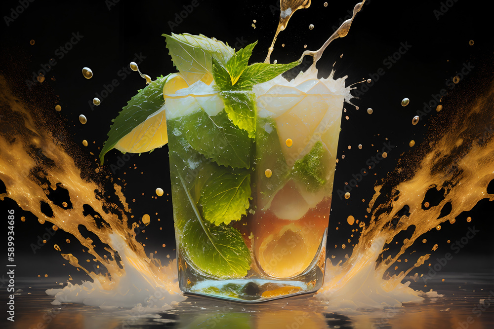 Cocktail mit Minze und Limette erstellt mit generativer AI - obrazy, fototapety, plakaty 
