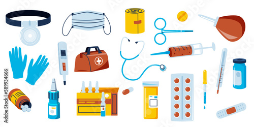 Doodle medical equipment. Cartoon pharmaceutical elements pills drugs antibiotic medication, health treatment medicine pharmacy concept. Vector set