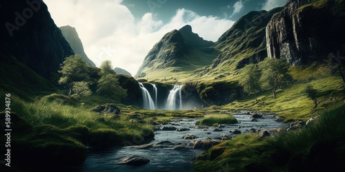 Lush Green Valley  Majestic Waterfall Amidst Nature s Beauty