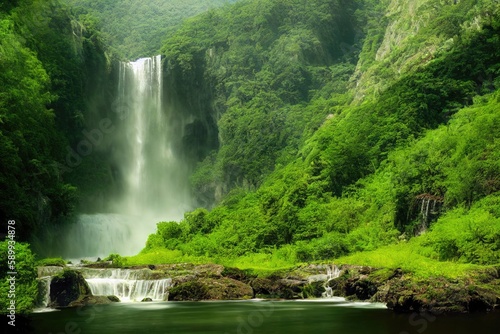 Lush Green Valley: Captivating Large Waterfall © Arnolt