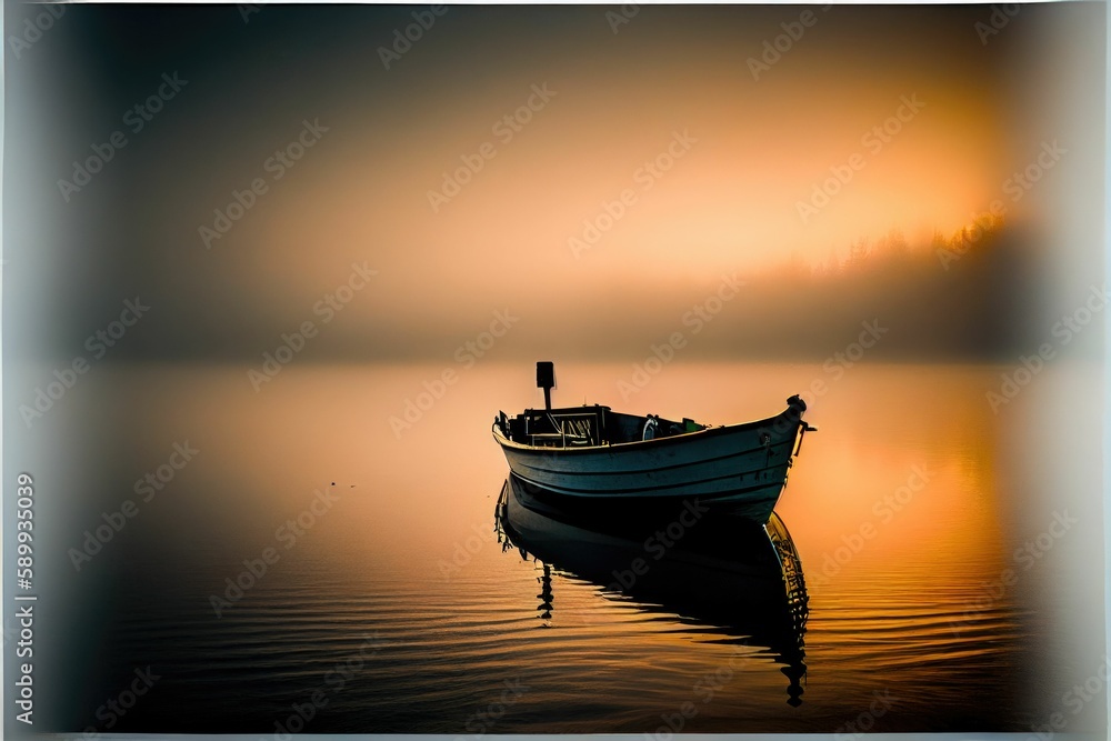 Docked Sailor Boat on a Misty Lake: A Serene and Enchanting Scene