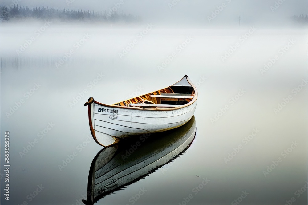 Serene Reflections: A White Canoe on a Calm Lake