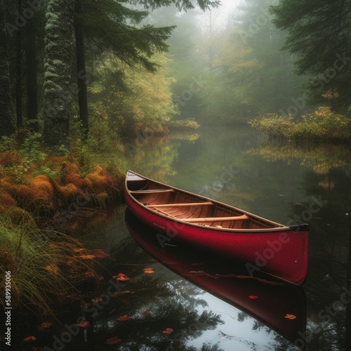 Serene Reflections: A Red Canoe on Still Waters