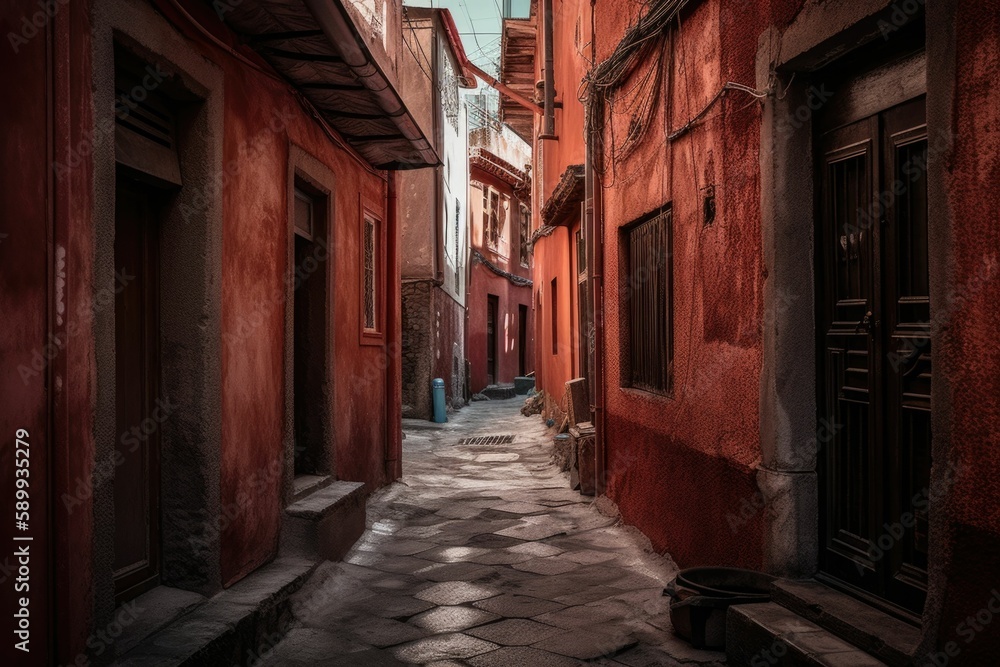 Charming Red Buildings in the Heart of a Narrow Street