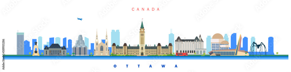 Ottawa city historical landmarks. Horizontal isolated vector illustration on the theme of Canada travel and tourism.	