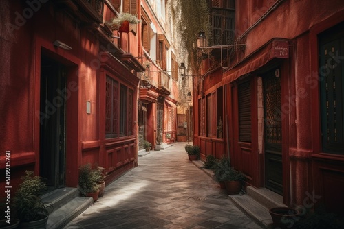 Narrow Street with Striking Red Buildings in the Center of the Frame