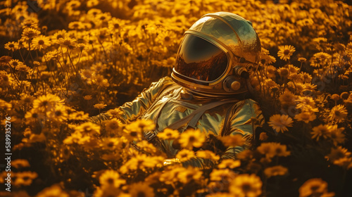 Yellow Dreams: An Astronaut's Peaceful Escape in a Field of Yellow Flowers
