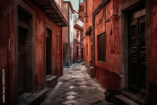 Charming Red Buildings in the Heart of a Narrow Street