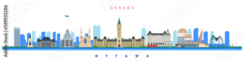 Ottawa city historical landmarks. Horizontal isolated vector illustration on the theme of Canada travel and tourism.	