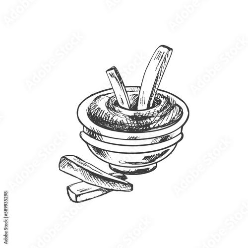 Hand-drawn sketch of french fries potato with tomato sauce isolated on white background. Fast food illustration. Vintage drawing. Element for the design of labels, packaging and postcards.