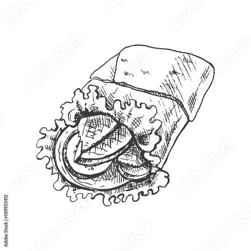 Hand-drawn sketch style burrito wrap with vegetables and meat  pieces isolated on white background. Fast food illustration. Vintage drawing. Element for the design of labels, packaging and postcards.