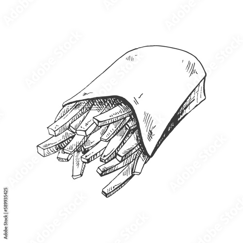 Hand-drawn sketch of  french fries in a box  isolated on white background. Fast food illustration. Vintage drawing. Element for the design of labels, packaging and postcards.