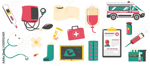 Medical tools set. Doodle drug store hospital supplies, pharmaceutical equipment and pills, cartoon first aid elements. Vector collection