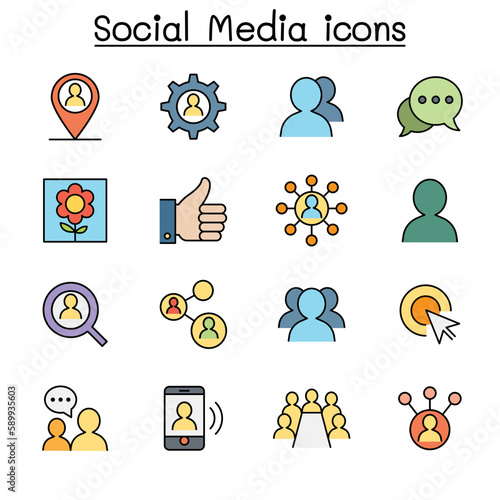 Social Media and Social network color line icon set