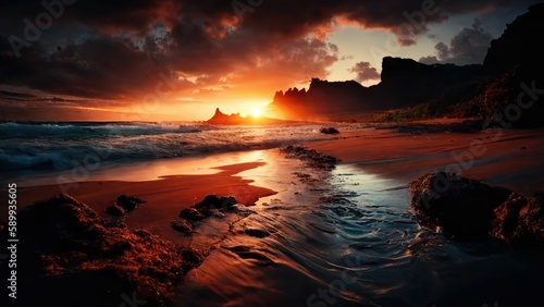 Sunset Serenity: Ocean Waves and Golden Skies on the Beach