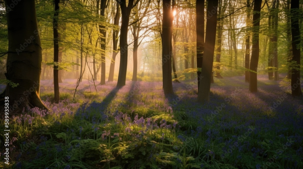Captivating Sunrise Illuminates Bluebell Woodland in Spring