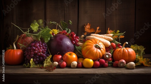 Autumn seasonal fruits and vegetables set. Generative AI